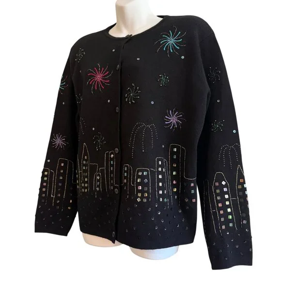 Vintage Y2K 2000 Beaded NYE Fireworks NYC City Skyline Merino Wool Cardigan XL - Picture 4 of 12